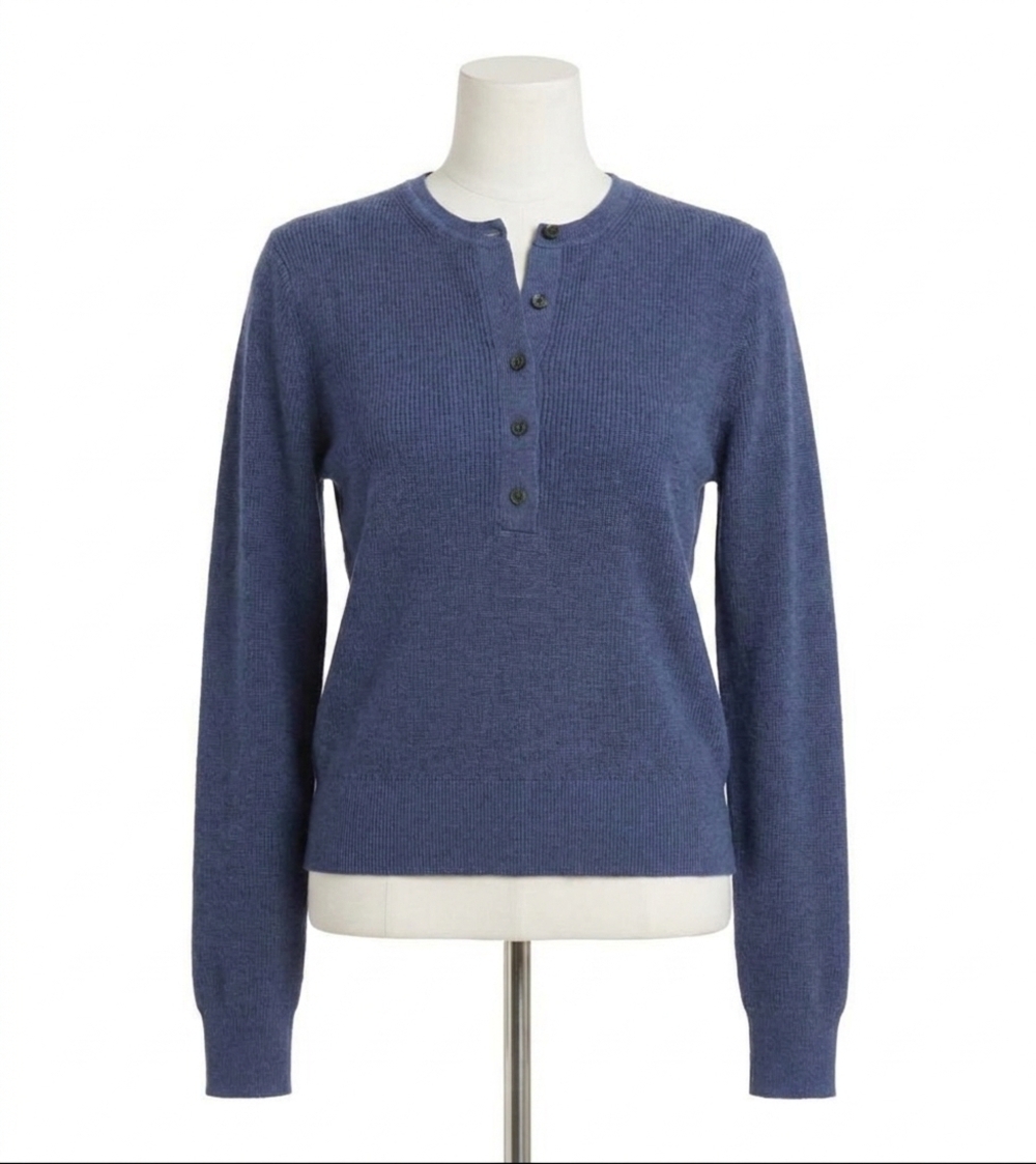 NEW WHITE + WARREN fine cotton blend ribbed henley sweater in vintage indigo